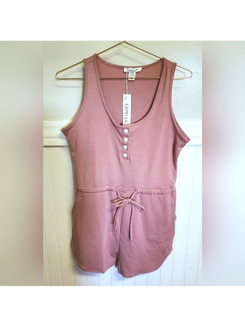 Capella Sleeveless Pink Drawstring Waist Button Tank Romper Small - New With Tag